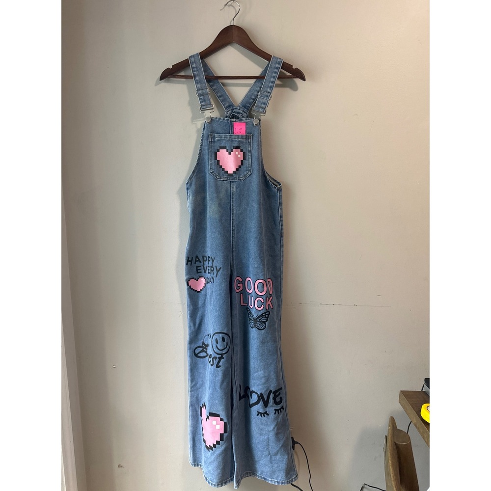 Kidcore Y2K Graphic Denim Overalls Wide Leg Pixel Heart Butterfly Medium Shein